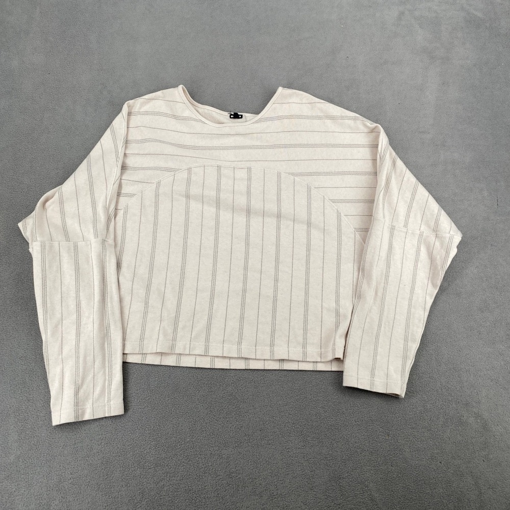 Monrow Womens Striped Cropped Long Sleeve Sweatshirt Cream HT1402 Size M
